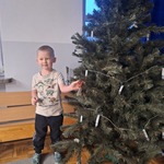 Chłopiec zawiesza na choince wykonaną przez siebie ozdobę.