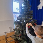 Chłopiec zawiesza na choince wykonaną przez siebie ozdobę.