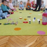 Dzieci siedzą w kole a przed nimi znajdują sie różne przedmioty do wąchania - płyn do płukania, goździki itp